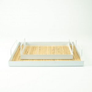Set van 2 rechthoekige metalen dienbladen met riet - wit