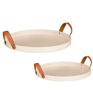 Set van 2 ronde dienbladen Texas beige met lederen handvaten