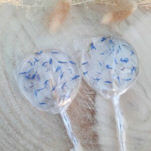 Transparante lolly - 6 cm - met blauwe korenbloem