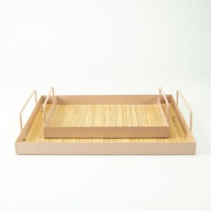 Set van 2 rechthoekige metalen dienbladen met riet - blush
