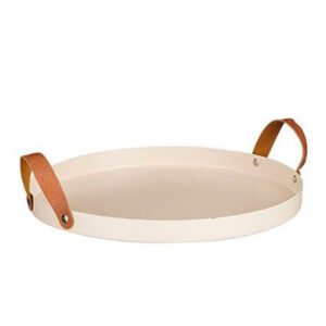 Rond dienblad Texas beige met lederen handvaten - Diameter 30 cm